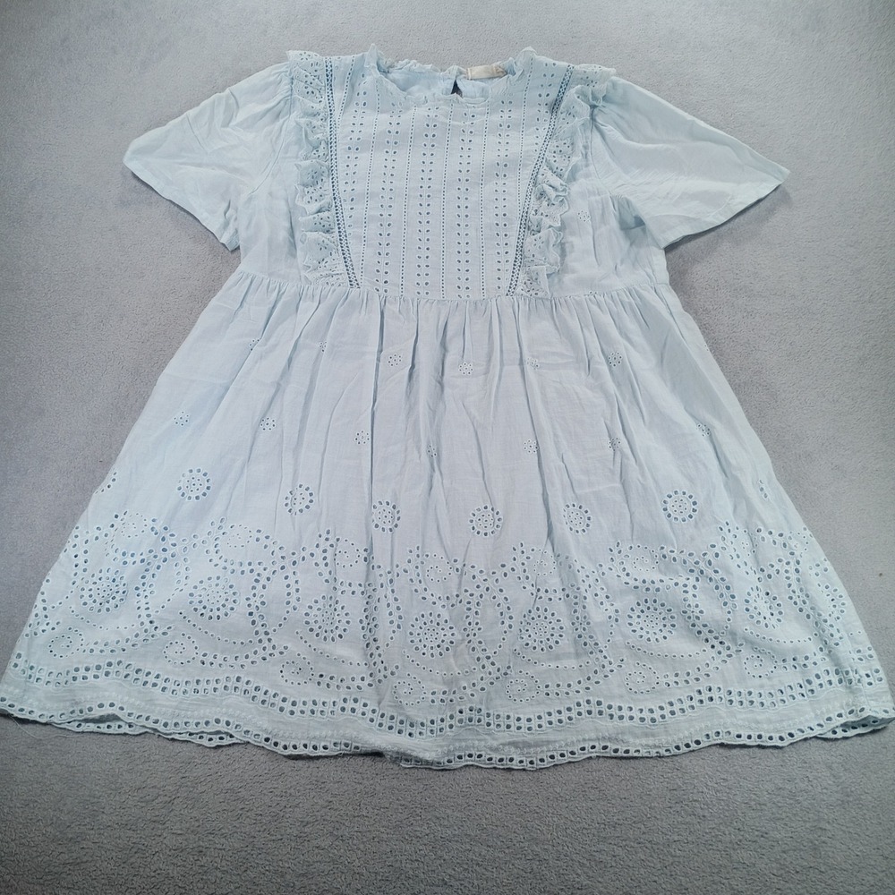 Altar'd State Women Eyelet Ruffle Mini Dress Light Blue Large Short Sleeve